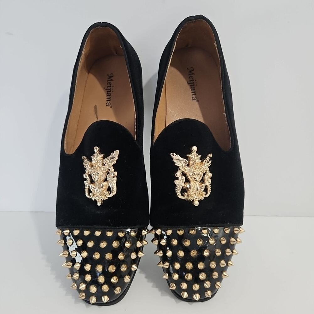 Mens Black Velvet Loafers Gold Crest Studded Toe Slip On Dress Shoes 10 Prom